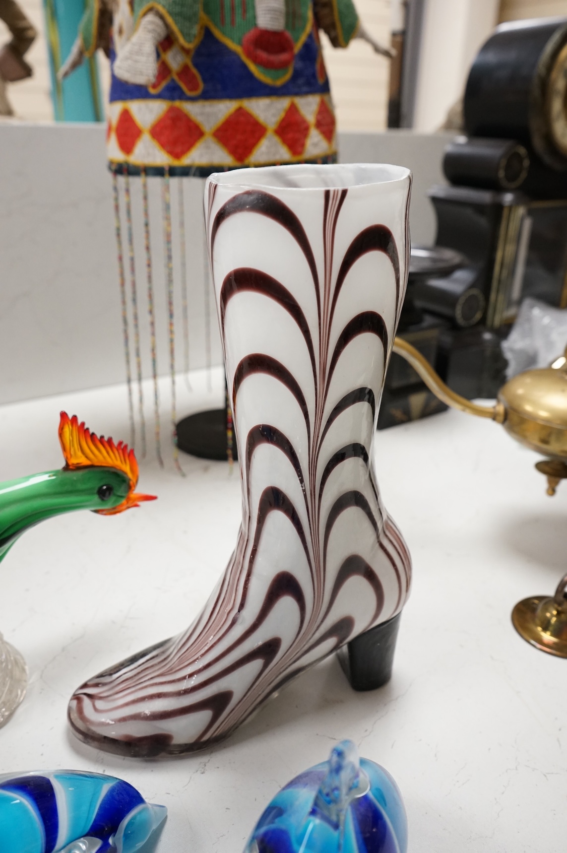 Art glassware comprising a Murano glass cockerel, a large ladies boot and a pair of dolphins, largest 48cm high